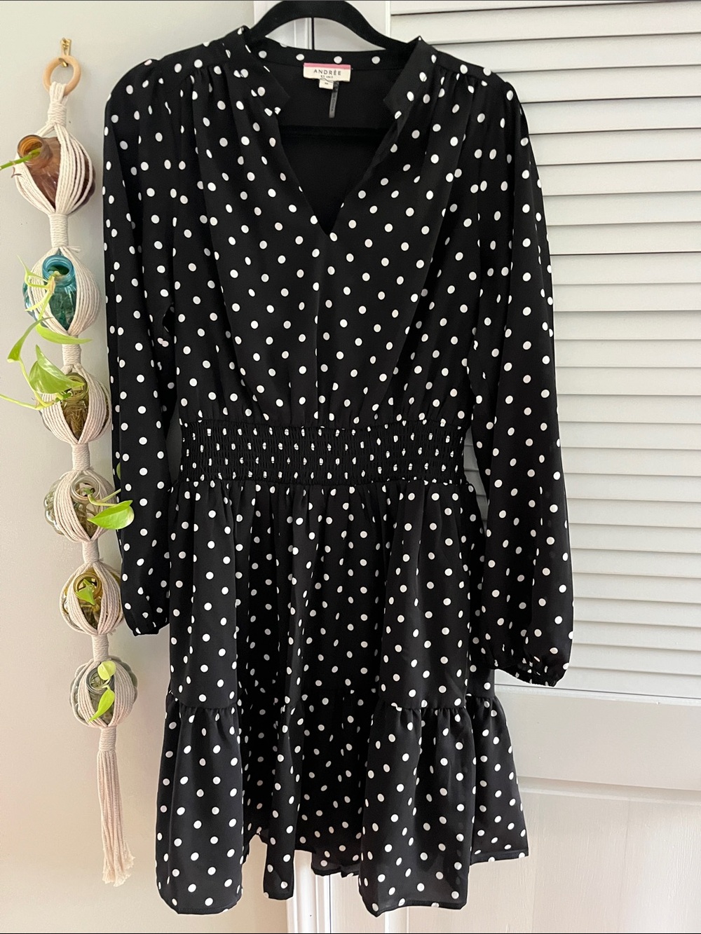 Andree Black and White Polka Dot Long Sleeve Smocked Waist Dress